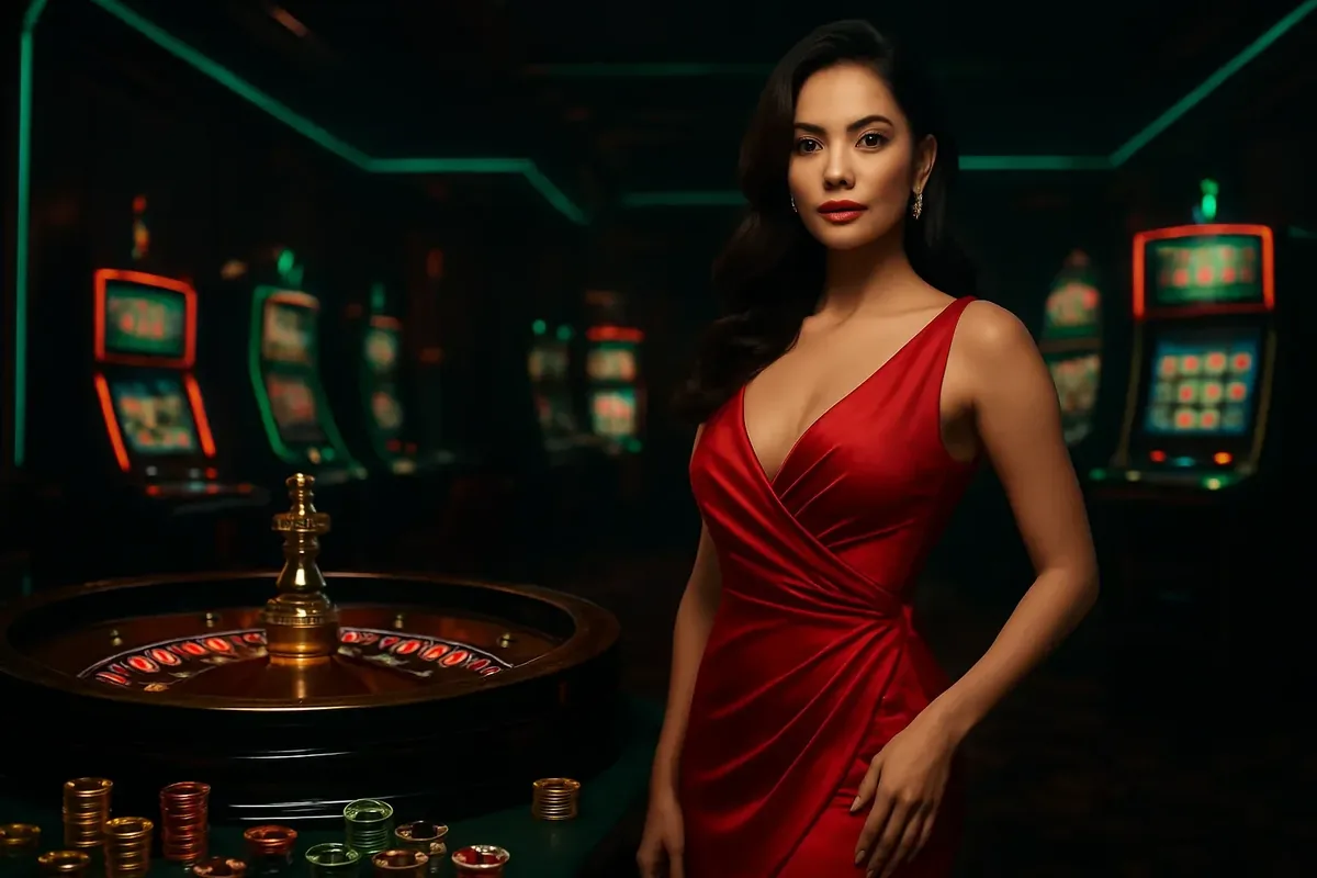 Elegant woman in red dress near roulette and slot machines