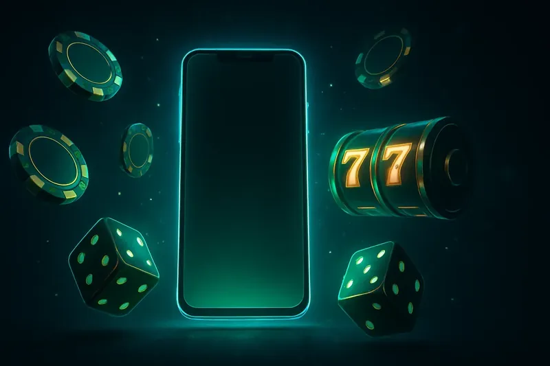 Glowing smartphone with casino chips, slot reels, and dice